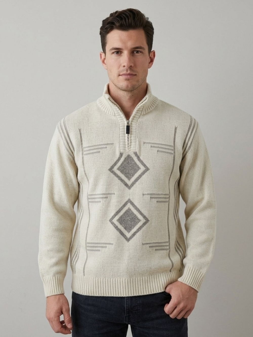 Vintage Men's Chunky Knit Quarter Zip Sweater Cream Gray Geometric Size L/M